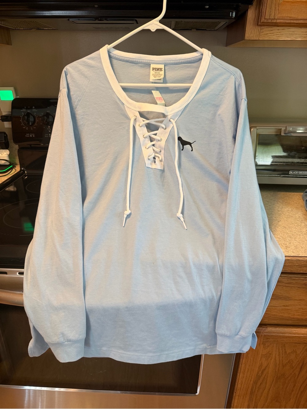 PINK Victoria's Secret Light Blue Lace-Up Long Sleeve Tee with White Trim